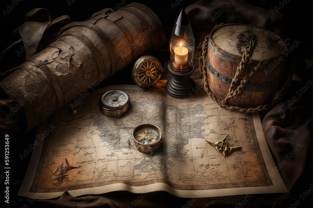 Treasure map with compass and pirate objects, Generative AI