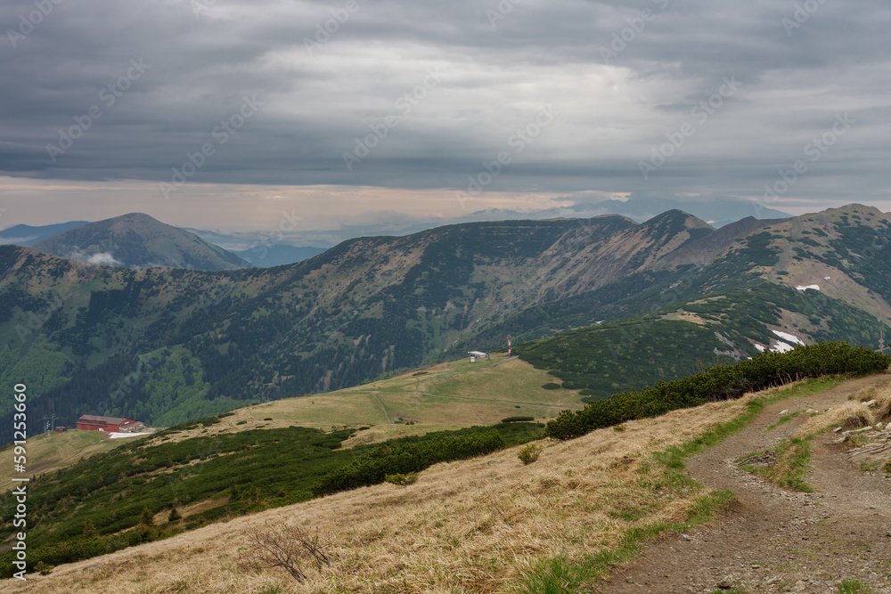 Upper station of chairlift in Snilovske sedlo, Chleb, Steny, Stoh, view from path to Velky Krivan in national park Mala Fatra.