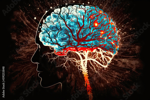 Memory loss due to dementia, alzheimer. Illustration of a human brain losing parts, showing neural pathways and neurons. World mental health day. World Parkinson day concept. Generative ai.