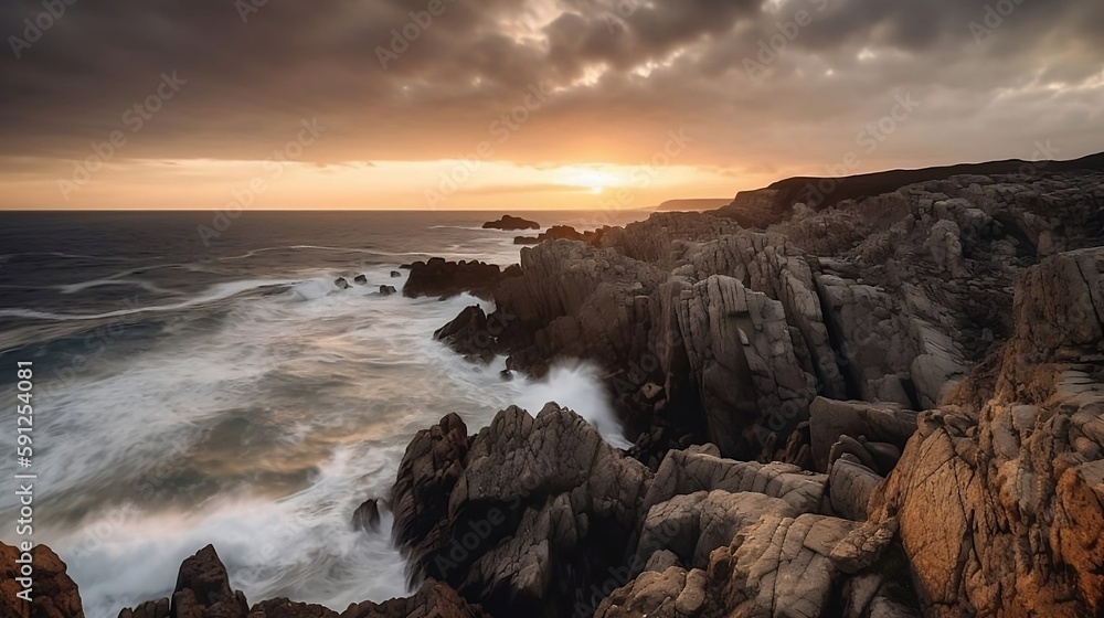 Nature's Majesty - A Stunning Seascape with Rocky Cliffs at Sunset