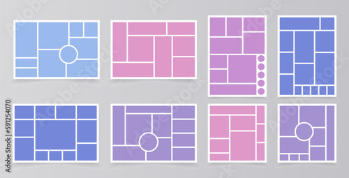 Collage template. Moodboard grid. Mood board banner. Montage photo images. Mosaic pictures album layout. Set of photomontage frames. Scrapbook design gallery mockup. Vector illustration.