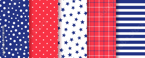 America independence day backgrounds. seamless pattern. 4th july patriotic textures. American flag prints. Set of blue red geometric backdrops with stars stripes and plaid. Vector illustration.
