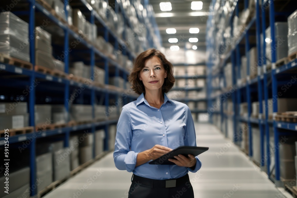Confident businesswoman standing with clipboard in distribution warehouse, showcasing her leadership skills, efficiency, and expertise in logistics and supply chain management, generative ai - obrazy, fototapety, plakaty 