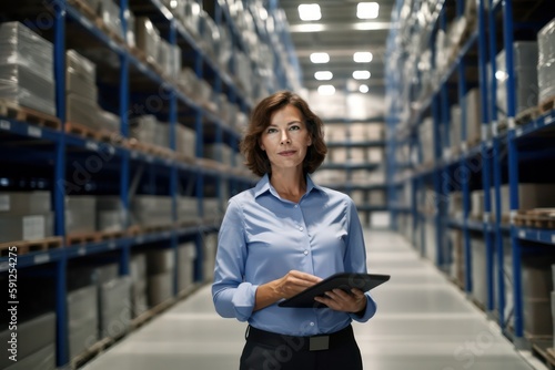 Confident businesswoman standing with clipboard in distribution warehouse, showcasing her leadership skills, efficiency, and expertise in logistics and supply chain management, generative ai photo