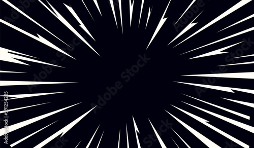 Abstract Comic Book Style Flash Explosion. Radial Lines on Black Background. Vector Anime Illustration Design. Bright White Light Thunder Burst. Flash Electric Glow. Speed Lines Manga Frame