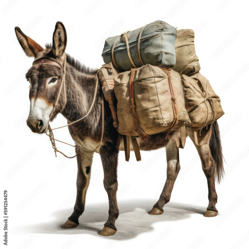 Pack mule isolated on a white background, hardworking and sturdy
