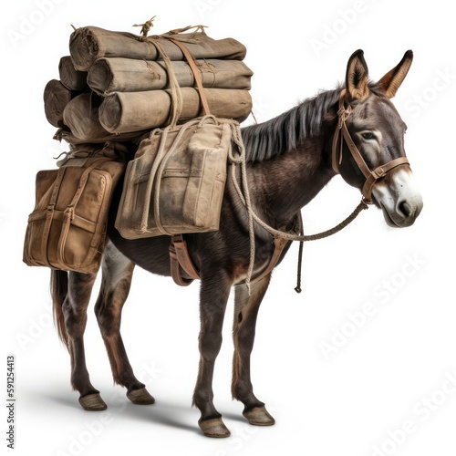 Pack mule isolated on a white background, hardworking and sturdy animal, traditionally used for carrying heavy loads over long distances, generative ai photo