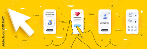 Online accounting, Leadership and Stars line icons pack. Phone screen mockup with 3d alert bell, health and headshot. Teamwork chart, Tickets, Food delivery web icon. Vector