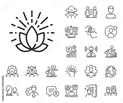 Yoga meditation flower sign. Specialist, doctor and job competition outline icons. Lotus line icon. Mind relax and peace symbol. Lotus line sign. Avatar placeholder, spy headshot icon. Vector
