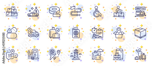Outline set of Journey, Package location and Passport line icons for web app. Include Adhesive tape, Fuel price, Disability pictogram icons. Baggage reclaim, Delivery, Travel path signs. Vector