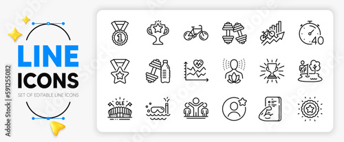 Sports arena, Dumbbells and Victory line icons set for app include Best rank, Best friend, Yoga balance outline thin icon. Timer, Fishing place, Cardio training pictogram icon. Vector