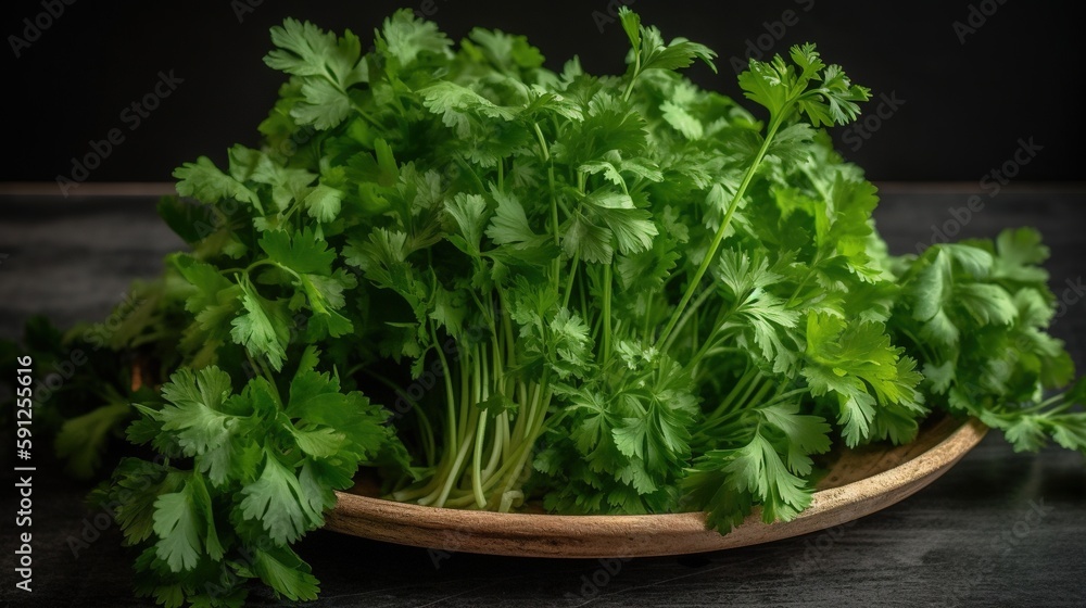 organic fresh bunch of parsley closeup, black background, Generative AI organic fresh bunch of parsley closeup, black background, Generative AI