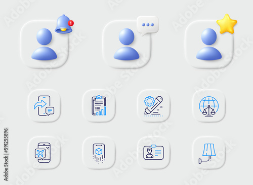 Identification card, Project edit and Wall lamp line icons. Placeholder with 3d star, reminder bell, chat. Pack of Flight mode, Augmented reality, Phone message icon. Vector