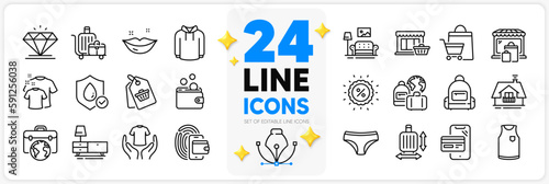 Icons set of Backpack, Baggage and Baggage size line icons pack for app with Waterproof, Marketplace, Online shopping thin outline icon. Wallet, Furniture, T-shirt pictogram. Discount. Vector
