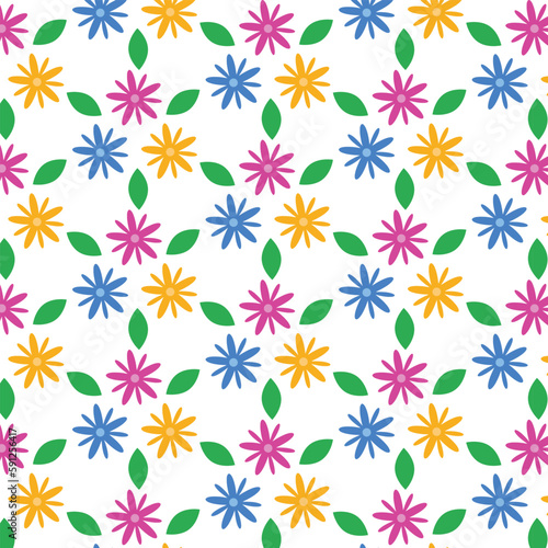 Beautiful yellow, pink and blue flower pettern with green leaf. Design for background, carpet,fabric, cloth, embroidery. 