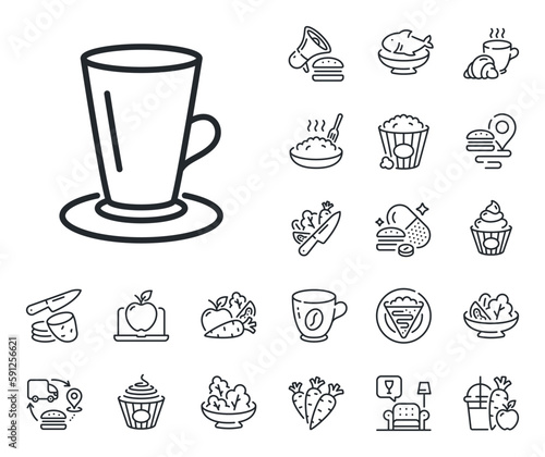 Fresh beverage sign. Crepe, sweet popcorn and salad outline icons. Cup of Tea line icon. Latte or Coffee symbol. Teacup line sign. Pasta spaghetti, fresh juice icon. Supply chain. Vector © blankstock