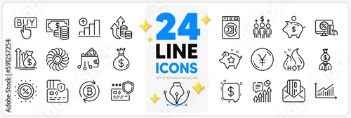 Icons set of Payment message, Hot sale and Card line icons pack for app with Launder money, Refresh bitcoin, Budget thin outline icon. Credit card, Discount, Online shopping pictogram. Vector