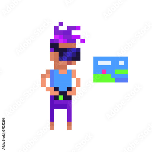 Professional virtual reality computer game person. Boy in vr glasses playing online game on console. Young man character in pixel art, 8 bit retro style vector illustration