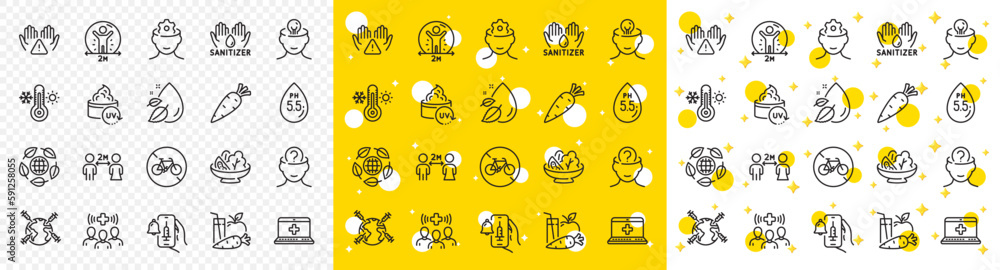 Outline Vaccine announcement, Ph neutral and Brain working line icons pack for web with World vaccination, Water drop, Clean hands line icon. Salad, Bicycle prohibited. Vector