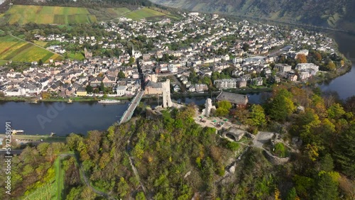 Ancient Ruins, Aerial Drone Shot in autumn of Traben-Trarbach City with Morning Fog. River Moselle, Germany. Moselland. photo