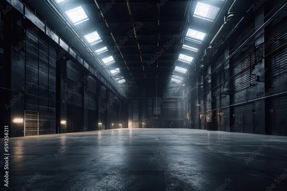 Three dimensional render of dark empty warehouse. AI generated Three dimensional render of dark empty warehouse. AI generated