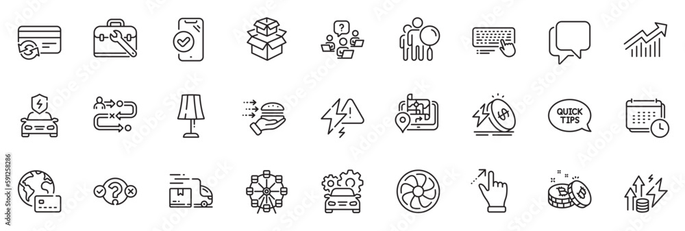 Icons pack as Computer keyboard, Demand curve and Car charging line icons for app include Packing boxes, Lightning bolt, Talk bubble outline thin icon web set. Table lamp, Car service. Vector Icons pack as Computer keyboard, Demand curve and Car charging line icons for app include Packing boxes, Lightning bolt, Talk bubble outline thin icon web set. Table lamp, Car service. Vector
