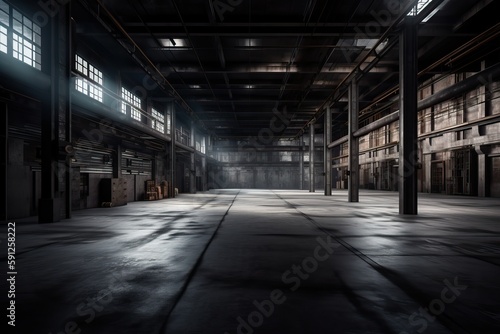 Three dimensional render of dark empty warehouse. AI generated
