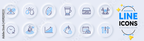 Time management, Latte and Job interview line icons for web app. Pack of Graph chart, Latex mattress, Hypoallergenic tested pictogram icons. Teamwork, 24 hours, Delivery calendar signs. Vector