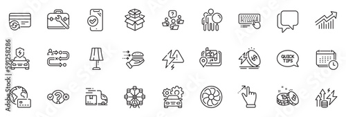 Icons pack as Computer keyboard, Demand curve and Car charging line icons for app include Packing boxes, Lightning bolt, Talk bubble outline thin icon web set. Table lamp, Car service. Vector
