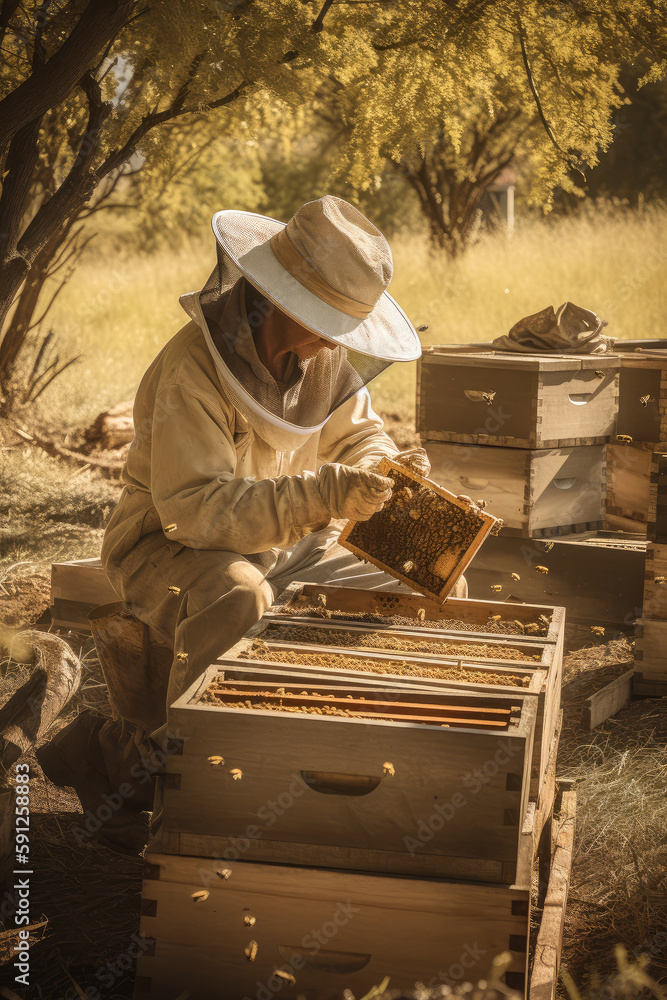 The beekeeper is dressed in a protective suit, hat, and gloves, carefully examining the hive and ensuring the bees are healthy and productive, ai generative The beekeeper is dressed in a protective suit, hat, and gloves, carefully examining the hive and ensuring the bees are healthy and productive, ai generative