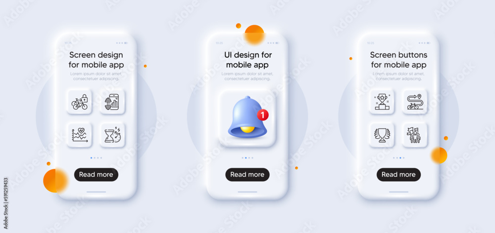 Bicycle lockers, Leadership and Winner cup line icons pack. 3d phone mockups with bell alert. Glass smartphone screen. Winner, Cardio training, Fitness app web icon. Vector