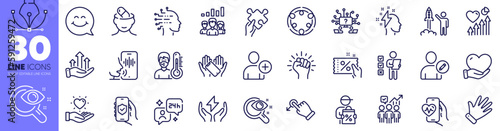 Volunteer  Launch project and Growth chart line icons pack. Voting ballot  Inclusion  Empower web icon. Thermometer  Consulting  Voicemail pictogram. Hand  Safe energy  Hold heart. Vector