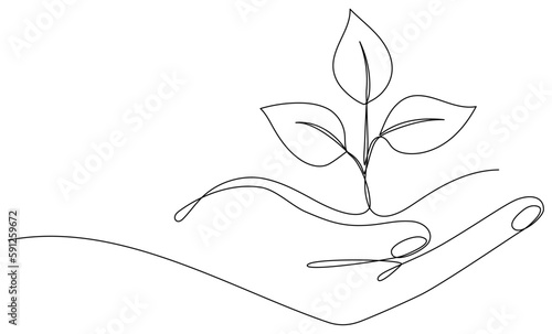 Hand hold leaves branch continuous line drawing. Plant in human arm one line art. Vector illustration isolated on white.