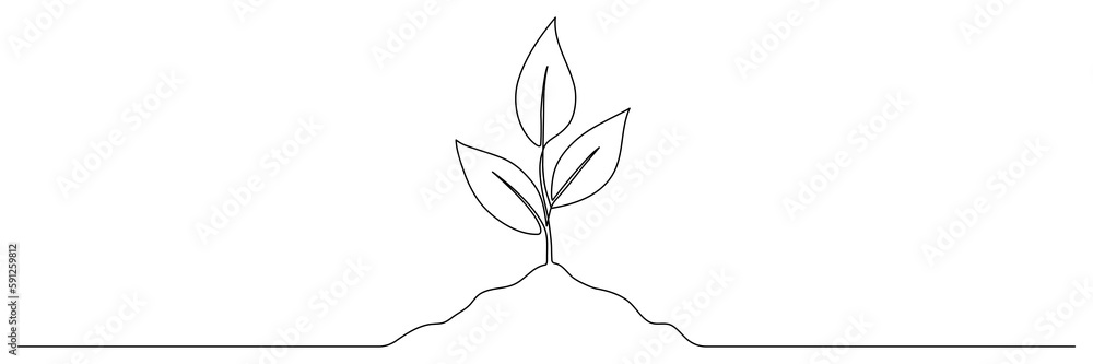 Leaves sprout continuous line drawing. Plant branch growth one line art. Vector illustration isolated on white. Leaves sprout continuous line drawing. Plant branch growth one line art. Vector illustration isolated on white.