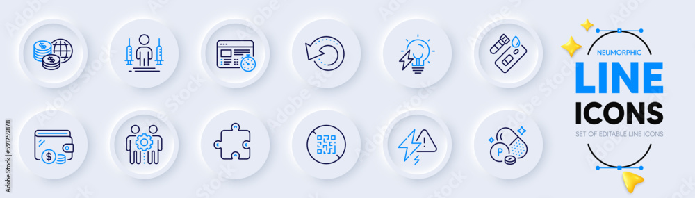 Web timer, Employees teamwork and Electricity bulb line icons for web app. Pack of Puzzle, Qr code, Recovery data pictogram icons. Phosphorus mineral, Covid test, World money signs. Vector Web timer, Employees teamwork and Electricity bulb line icons for web app. Pack of Puzzle, Qr code, Recovery data pictogram icons. Phosphorus mineral, Covid test, World money signs. Vector