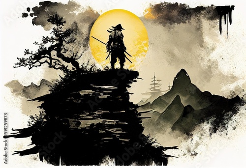 Vászonkép Japanese style ink sumi painting of ninja standing illustration