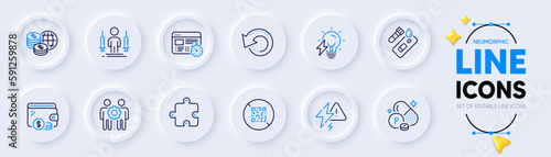 Web timer, Employees teamwork and Electricity bulb line icons for web app. Pack of Puzzle, Qr code, Recovery data pictogram icons. Phosphorus mineral, Covid test, World money signs. Vector
