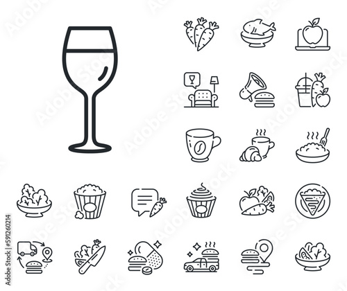 Bordeaux glass sign. Crepe, sweet popcorn and salad outline icons. Wine glass line icon. Wine glass line sign. Pasta spaghetti, fresh juice icon. Supply chain. Vector © blankstock