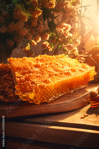 honeycomb full of honey laying flat on rustic platter and wood , ai generative