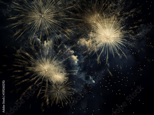 New year fireworks over black background. Generative Ai.