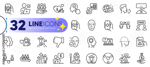 Outline set of Nurse, Social care and Queue line icons for web with Business person, Health skin, Fake information thin icon. Competition, Award app, Cough pictogram icon. Dislike hand. Vector