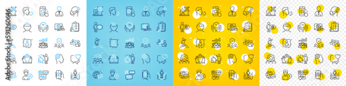 Vector icons set of Strategy, Cogwheel and Teamwork results line icons pack for web with Augmented reality, Safe time, Team work outline icon. Developers chat, Checklist, Add person pictogram. Vector