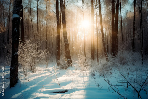 the sunlight shines in a snow-covered forest  a Romantic landscape  light orange. Generative AI.  