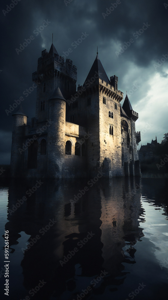 Spooky Castle with Lurking Shadows, Stormy Sky, Tense and Dangerous Atmosphere, Generative AI Spooky Castle with Lurking Shadows, Stormy Sky, Tense and Dangerous Atmosphere, Generative AI