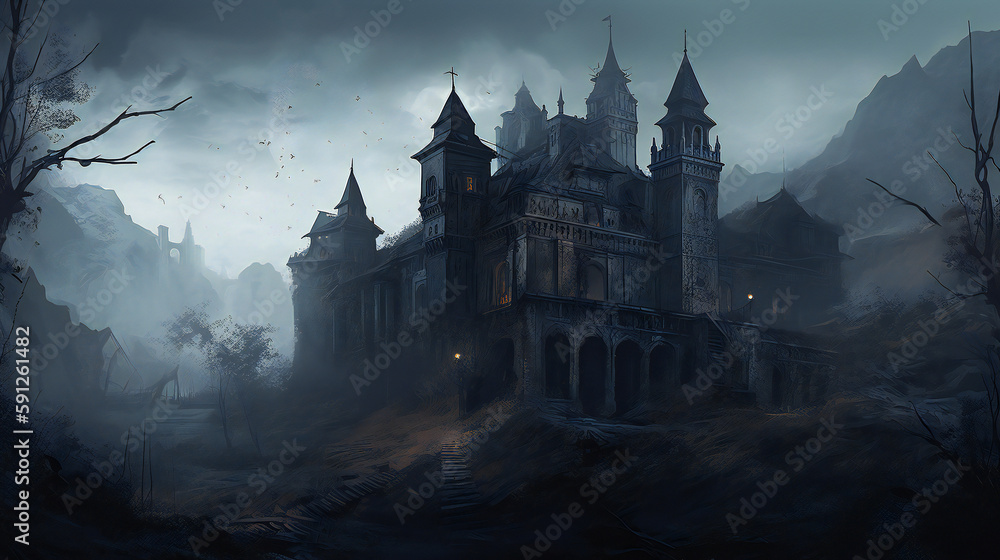 Crumbling Spooky Castle, Ghostly Apparitions, Foggy Landscape, Mystery and Dread, Generative AI