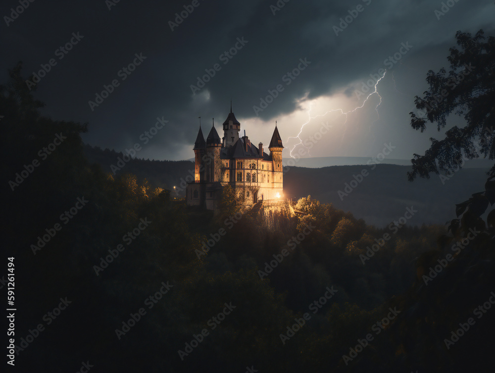 Haunted Castle Hill, Full Moon Night, Spooky Forest, Lightning Strike, Generative AI
