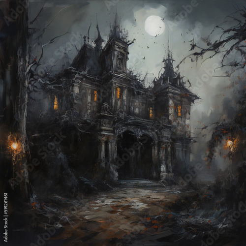 Moonlit Spooky Castle, Eerie Garden, Chiaroscuro Oil Painting, Nocturnal Creatures, Generative AI