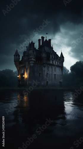Spooky Castle with Lurking Shadows, Stormy Sky, Tense and Dangerous Atmosphere, Generative AI © Marcos