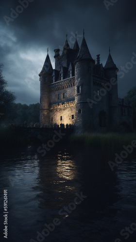 Spooky Castle with Lurking Shadows, Stormy Sky, Tense and Dangerous Atmosphere, Generative AI