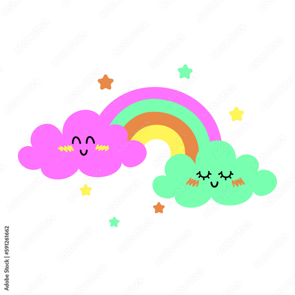 Cute smiling clouds with colorful rainbow and stars. Baby cute vector illustration